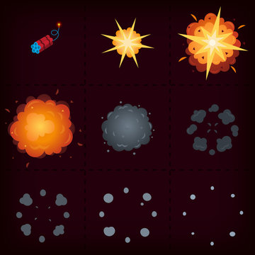 Animation of explosion. Cartoon vector sprites. Nine isolated frames with stages of exploding bomb. Vector illustrations