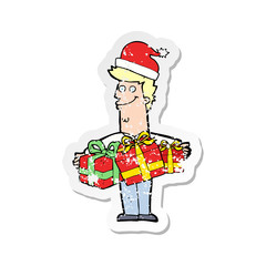 retro distressed sticker of a cartoon man with gifts
