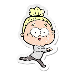 distressed sticker of a cartoon happy old woman