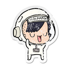 distressed sticker of a cartoon astronaut woman