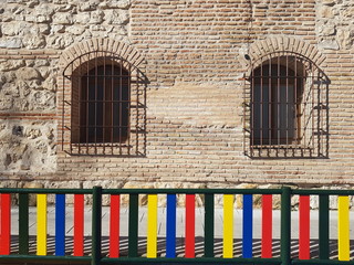 A church facade with many windows