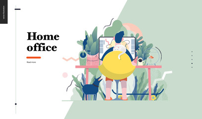 Technology 1 -Home Office - modern flat vector concept digital illustration home office metaphor, a freelancer guy working at home with pets and plants. Creative landing web page design template