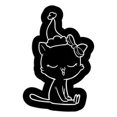 cartoon icon of a cat with bow on head wearing santa hat