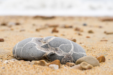 Gray stone with white lines lying on a sand beach.