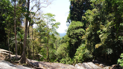 KEDAH, LANGKAWI, MALAYSIA - APR 07th, 2015: Durian Perangin waterfall on tropical island in Malaysia.