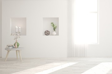 White minimalist empty room. Scandinavian interior design. 3D illustration