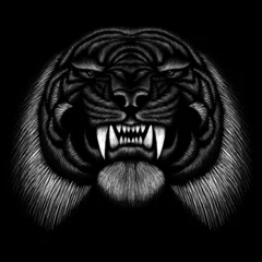 Crédence en verre imprimé Tigre Le tigre du logo vectoriel pour la conception de tatouages ou de t-shirts ou de vêtements d& 39 extérieur. Fond de tigres de style chasse.