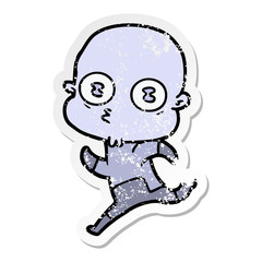 distressed sticker of a cartoon weird bald spaceman