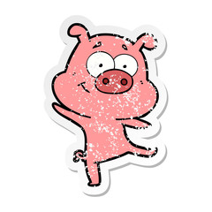 distressed sticker of a happy cartoon pig dancing