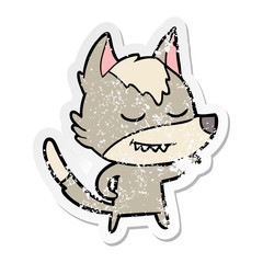 distressed sticker of a friendly cartoon wolf