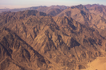 Aerial view of the Sinai mountains and sandy plateau of Egypt.