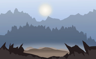 Vector design background with winter landscape at dark night. mountains, forest.