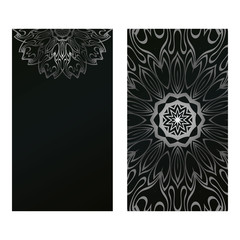 Card Template With Floral Mandala Pattern. Business Card For Fitness Center, Sport Emblem, Meditation Class. Vector Illustration. Black silver color