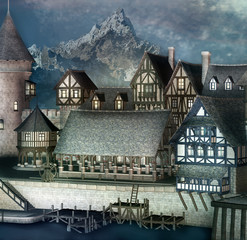 Medieval fantasy town by the river in a mountain scenery - 3D illustration