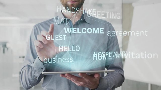 welcome, invitation, agreement, business, hospitality word cloud made as hologram used on tablet by bearded man, also used animated greeting handshake guest hello word as background in uhd 4k 3840