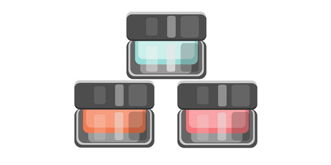 Makeup accessories. Three closed jar full of cosmetic product for skin care. Color glass jar with black plastic lid, white background. Vector illustration