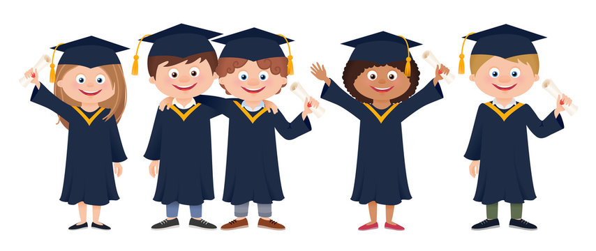 Group of happy smiling graduate students in graduation gowns holding diplomas, cartoon vector illustration