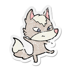 distressed sticker of a friendly cartoon wolf dancing