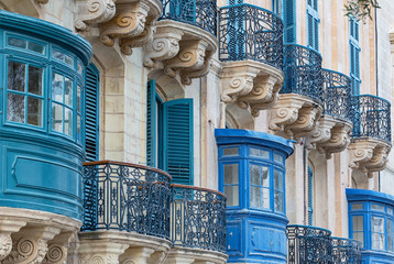 Beautiful blue vintage balconies in the city Valletta in Malta.