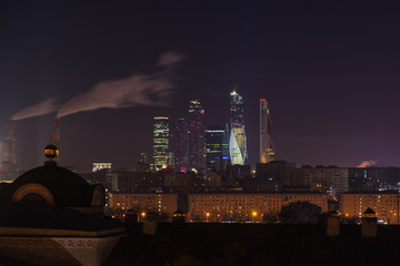 Skyscrapers of Moscow City business center at night, Russia. Architecture and landmark of Moscow....