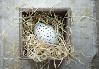Easter egg in a box with hay. Motley colored egg in a speck.