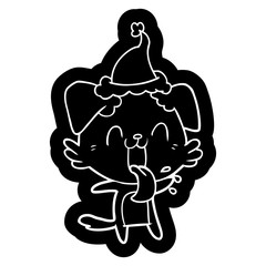 cartoon icon of a panting dog wearing santa hat