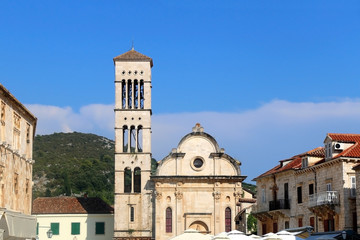 Fototapeta na wymiar Historical cathedral of St. Stephen in town Hvar, on island Hvar, Croatia. Hvar is popular summer travel destination.