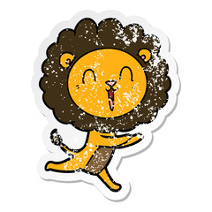 distressed sticker of a laughing lion cartoon running
