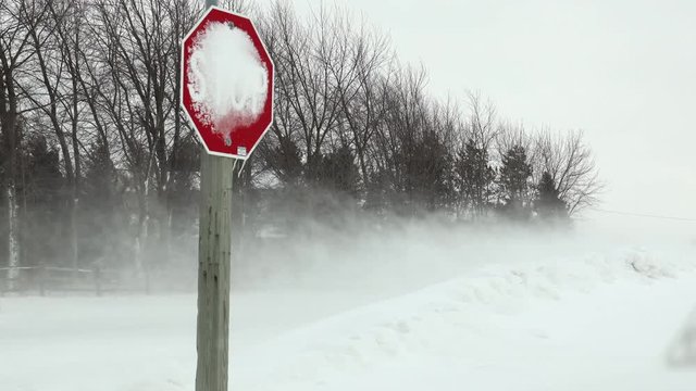 Stop sign iced over by extreme wind, snow drifting, Winter snow storm blizzard. Hazardous roads, dangerous travel conditions.