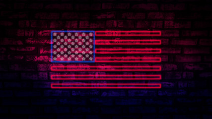  USA flag neon sign. Night bright Signboard USA flag. American flag on an old brick wall, neon light. National Day USA. Festive background with American neon flag. Dark room, corridor, tunnel neon 