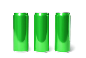Blank metal green cans on white background. Mock up for design