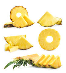 Set of sweet tropical pineapples on white background