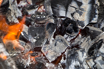 Burning firewood coals in fire flame. Background.