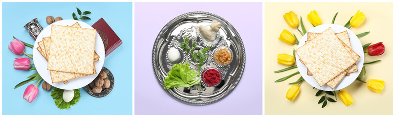 Collage of symbolic Passover (Pesach) meal and dishware on color background, top view