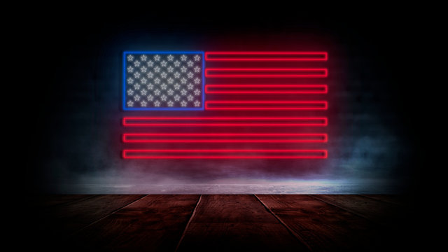  USA flag neon sign. Night bright Signboard USA flag. American flag on an old brick wall, neon light. National Day USA. Festive background with American neon flag. Dark room, corridor, tunnel neon 