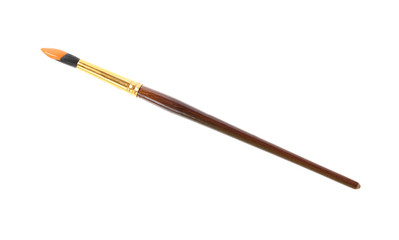 Brush with color paint on white background, top view