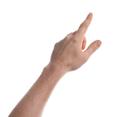 Man pointing at something on white background, closeup of hand