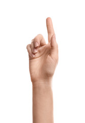 Woman pointing at something on white background, closeup of hand