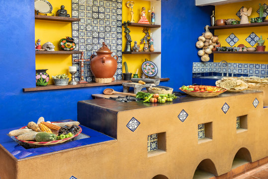 Mexican decorated kitchen. Old fashioned traditional kitchen workplace in Mexico
