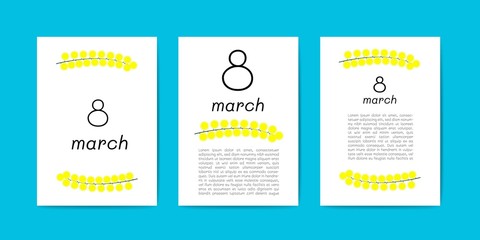 Set of vector greeting card with mimosa flowers for 8 March. International Women's Day. Greeting cards with Mimosa on 8 March with a place for your text.