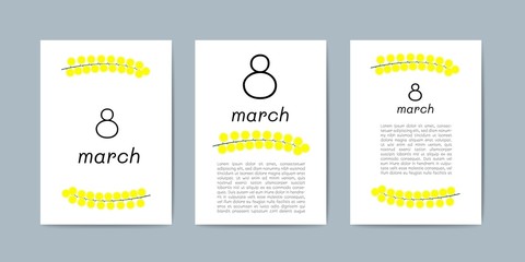 Set of vector greeting card with mimosa flowers for 8 March. International Women's Day. Greeting cards with Mimosa on 8 March with a place for your text.
