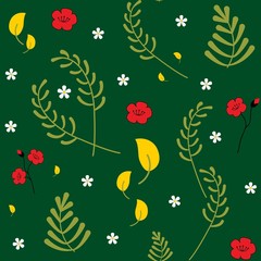Vector seamless floral pattern. Trendy decorative colourful spring botanical pattern. Set of different plants, leaves and flowers. Cute objects on green background.