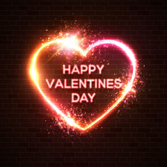 Happy Valentine's Day neon greeting card. Romantic love hearts background design. 3d glowing neon letters stars sparkles on brick texture. Light banner. Heart shape frame 80s style vector illustration