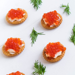Basis for a banner with sandwiches with red caviar. Salmon caviar for print design, web site, banner, flyer. Appetizer with red caviar