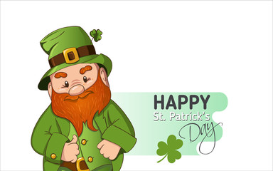 Happy Saint Patricks day illustration. Hand drawn Leprechaun cgaracter with green clover leaf. Vector illustration.
