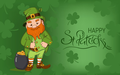 Happy Saint Patricks day illustration. Hand drawn Leprechaun cgaracter with green clover leaf. Vector illustration.