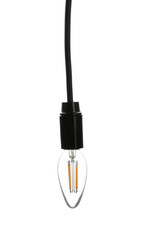 Hanging incandescent light bulb on white background. Modern lamp