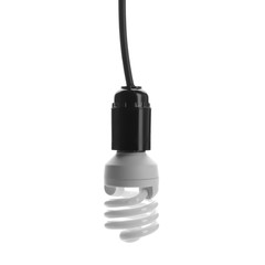 Hanging fluorescent light bulb on white background. Modern lamp