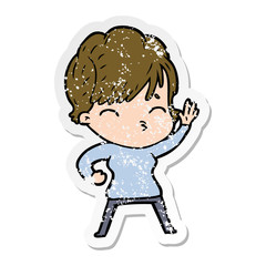 Obraz premium distressed sticker of a cartoon woman thinking