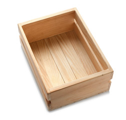 Empty brown wooden crate on white background